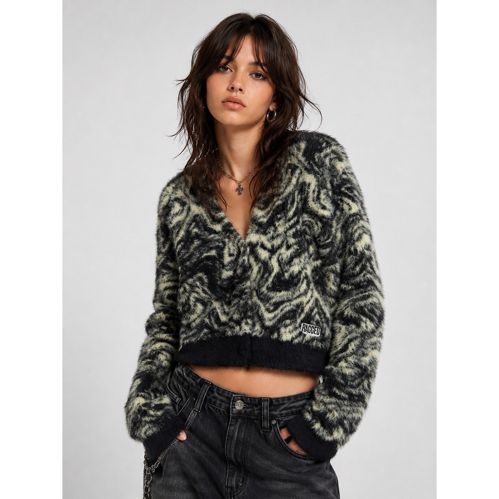 The Ragged Priest Cardigan Womens L Green Black Swirl Fuzzy Cropped Grunge Indie
